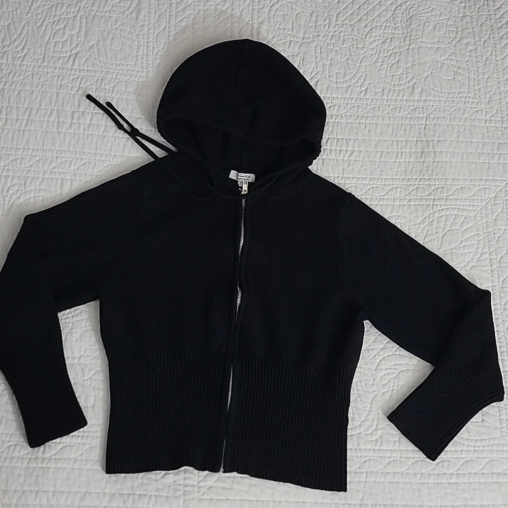 Orange Kiss Black Ribbed Cropped Knit Hoodie Zipper Cardigan